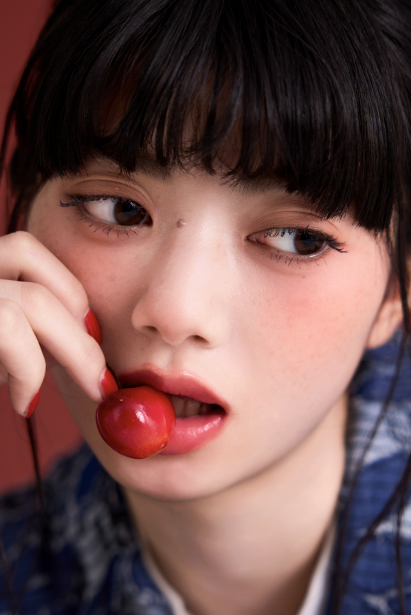 チェリーを口元にあてたcasual cuteメイクのアップ